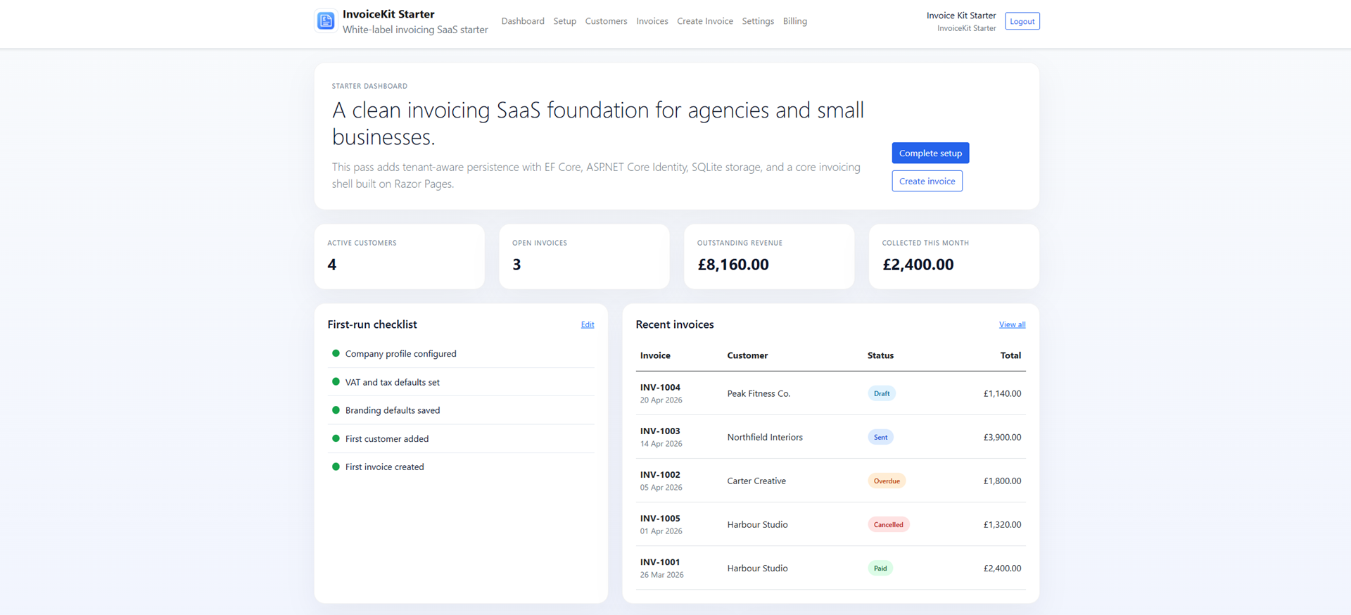 InvoiceKit Starter – dashboard showing active customers, open invoices, revenue stats and recent invoice list