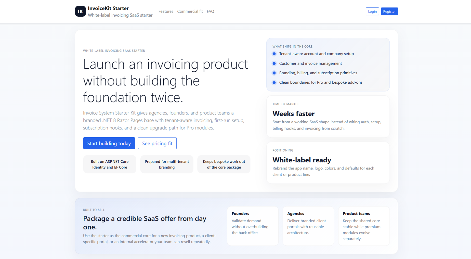 InvoiceKit Starter – marketing landing page with features, commercial fit and FAQ sections