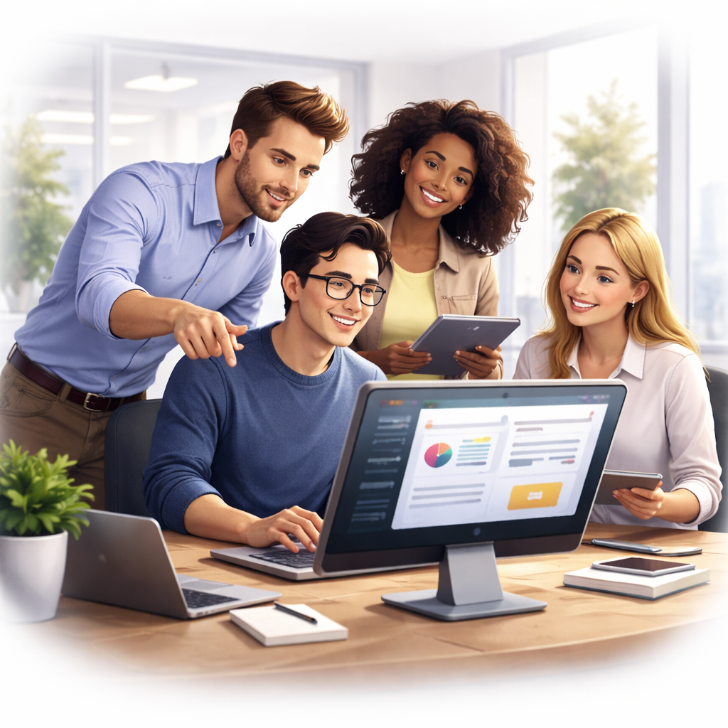 Professional team collaborating on software project